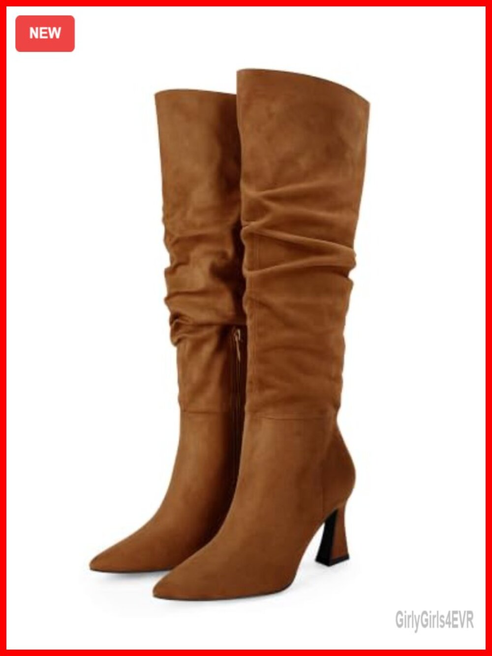 Slouchy Knee High Boots Wide Calf Pointed Toe Side Zip Block Heel